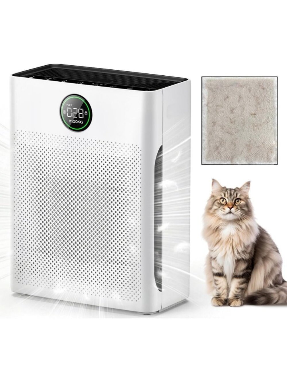 Large Room Air Purifier for Home & Pets, Washable Filter, PM 2.5 Sensor, White